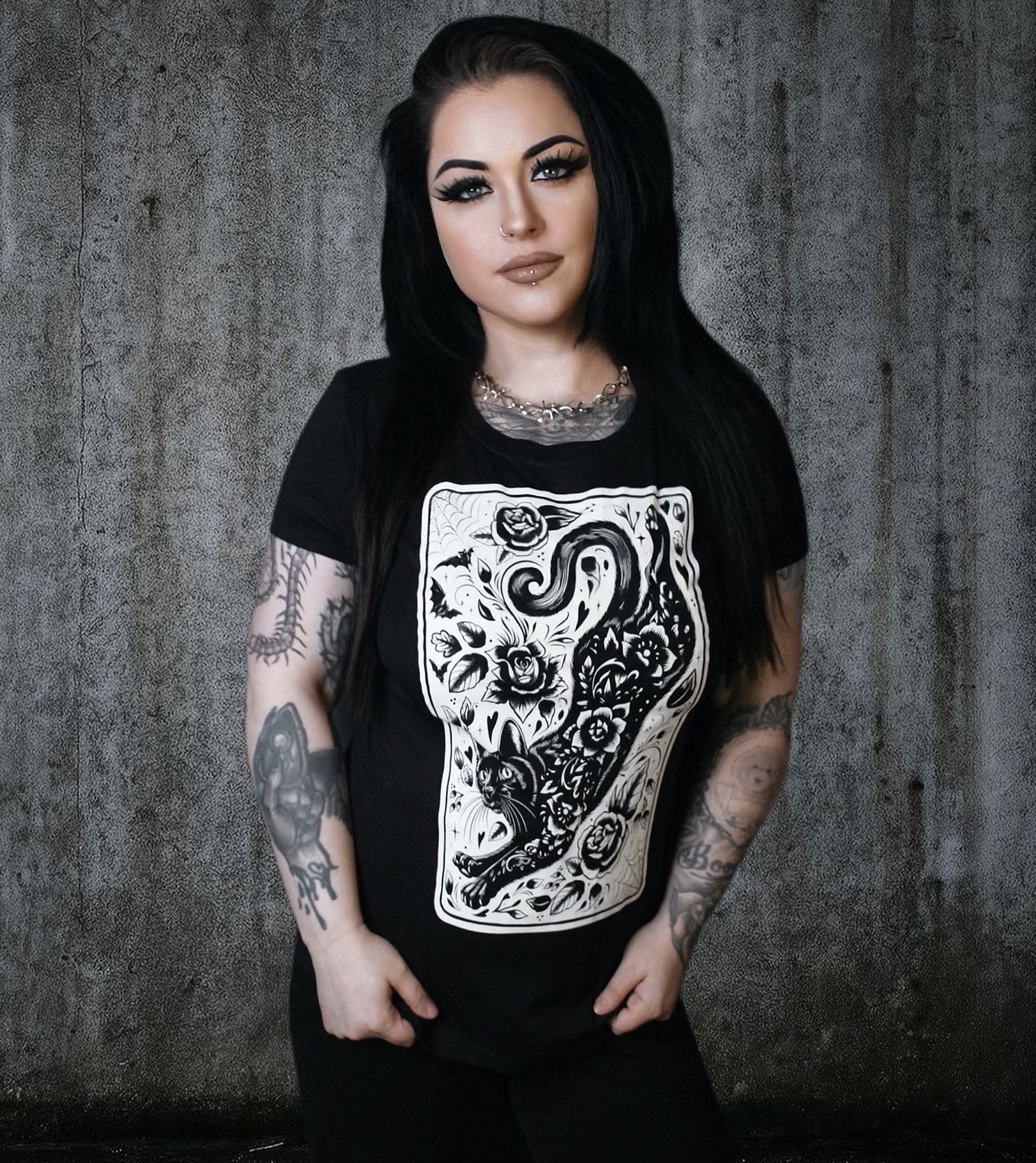 SPIRIT ANIMAL - Women's Loose Neck T-Shirt | Goth Tee | Cat TShirt - Image 3