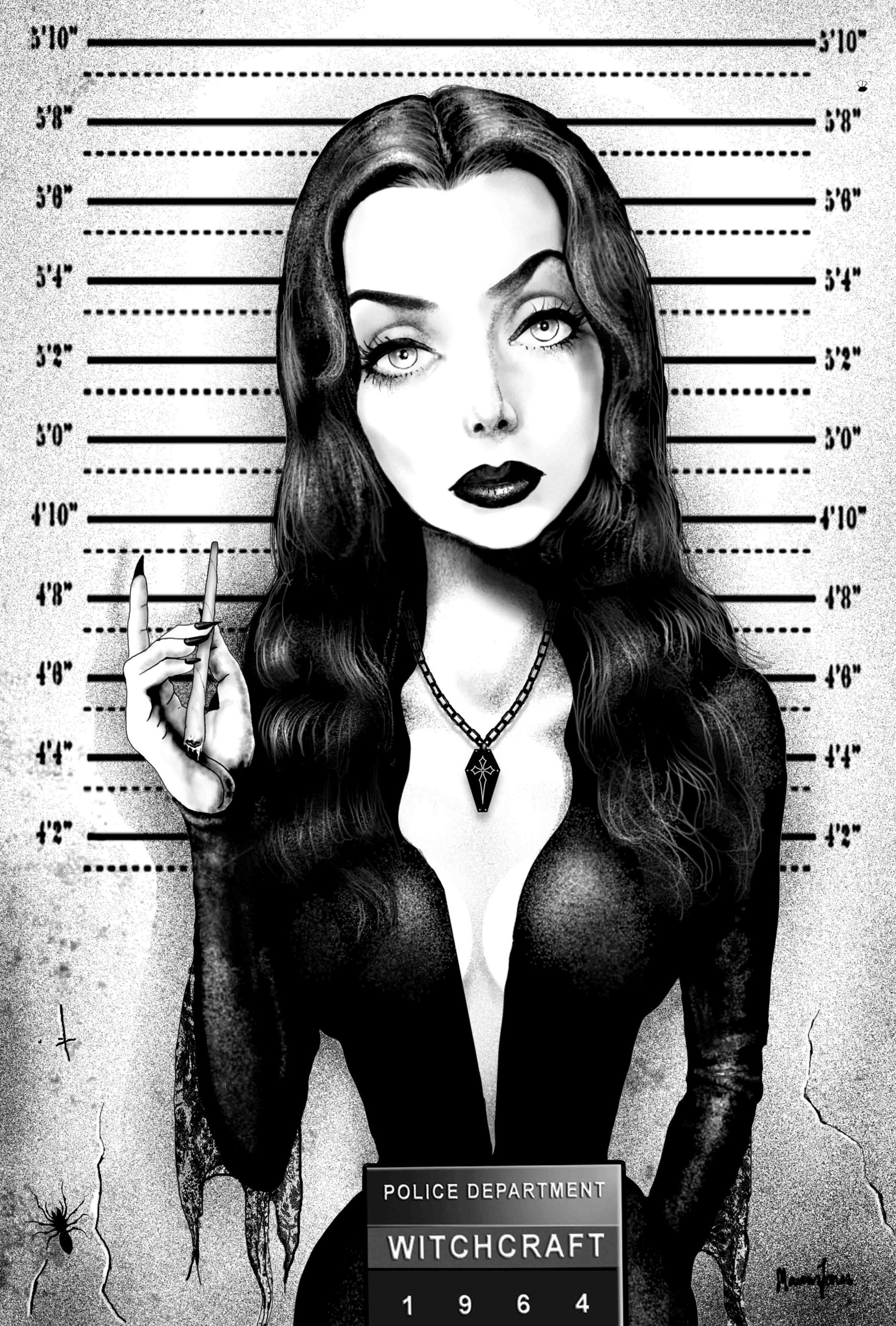 MORTICIA - Women's Loose Neck T-Shirt | Morticia Addams Family Mugshot TShirt - Image 3